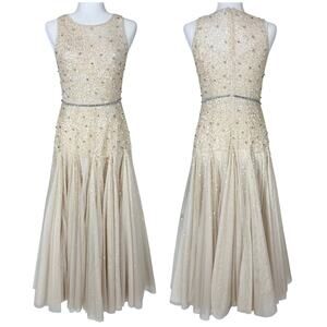 Mac Duggal NWT Embellished Boat Neck Flared Skirt Midi Dress Size 4 Rhinestone
